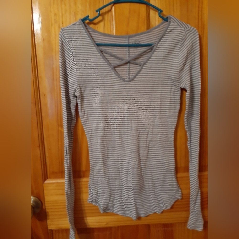 SO long sleeve shirt with stripes and a cross neck